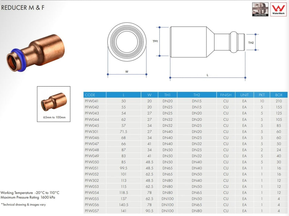 Metpress WaterMarked Series Copper Straight Reducers Box of 10
