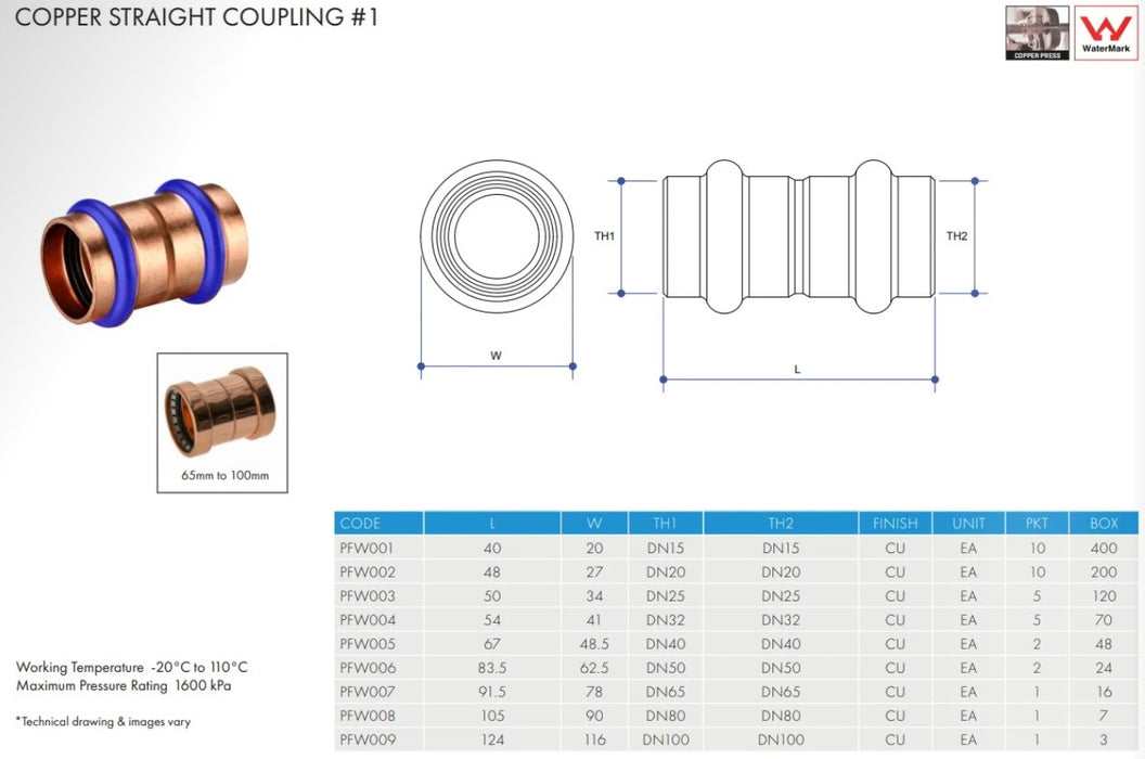 Metpress WaterMarked Series Copper Straight Couplings Box of 10