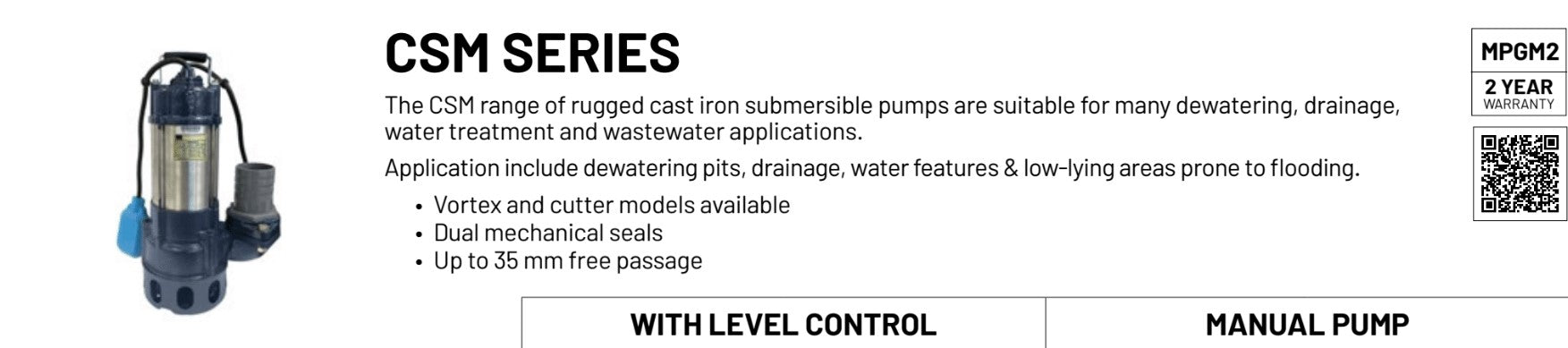 Sta-Rite CSM850CF 1.50kW Single Phase Submersible Cutter Drainage Pump with Level Control (Max 925LPM/160kPa)