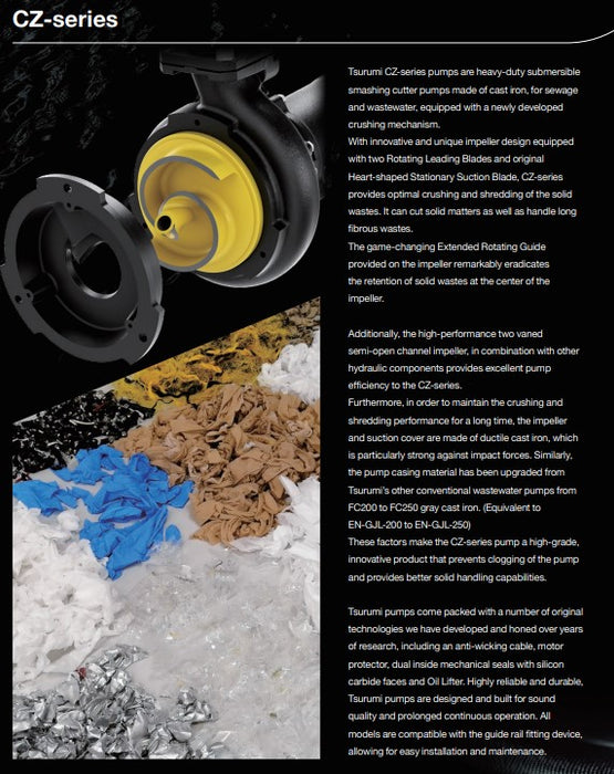 Tsurumi CZ Series Submersible Smashing Cutter Pump with Semi-Open Channel Impeller- Three Phase