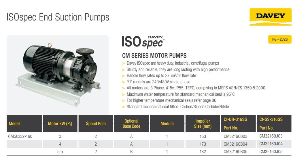 Davey ISOSPEC CM50x32-160 Series 316ss End Suction Pump with 3-Phase 2900RPM Motor (Max 350LPM)