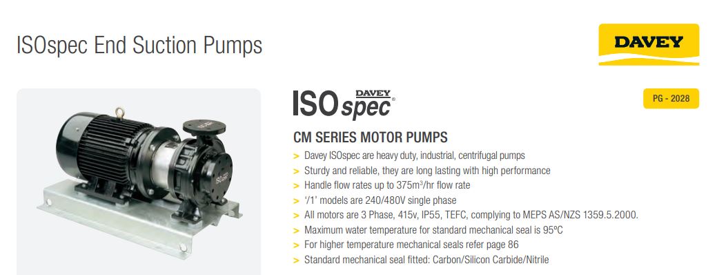Davey ISOSPEC CM50x32-200 Series 316ss End Suction Pump with 3-Phase 2900RPM Motor (Max 350LPM)