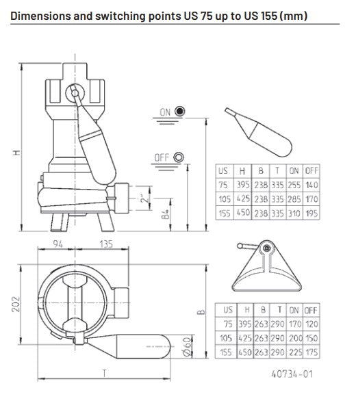 Jung Pumpen US75 ES 0.50kW Submersible Domestic Dirty Water Pump with 50mm Passage (Max 316LPM/78kPa)