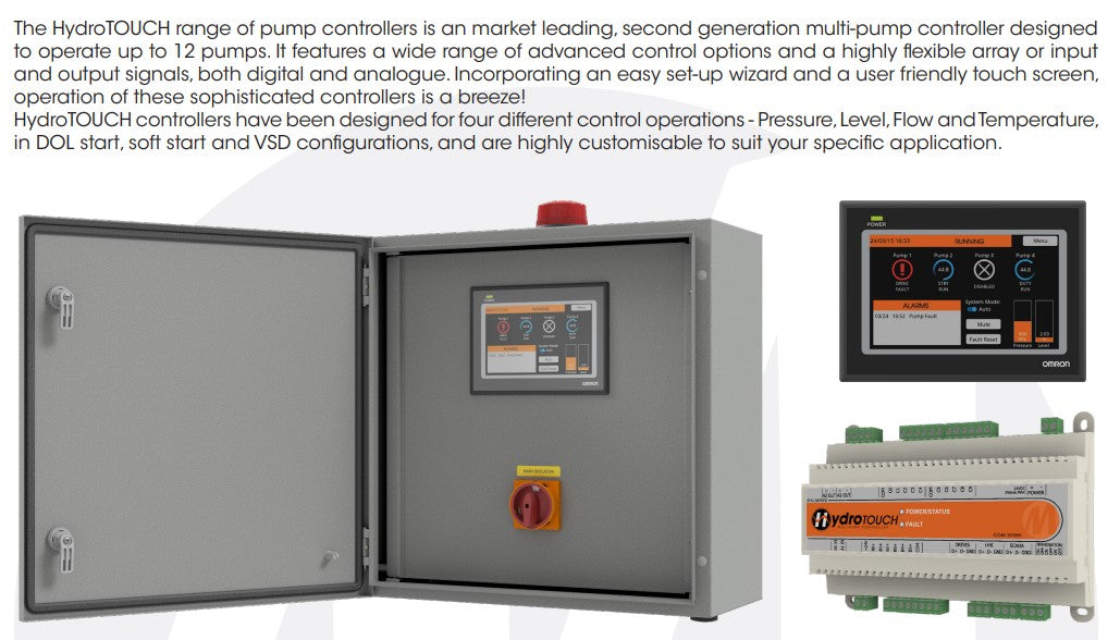 Matelec HydroTOUCH Series VSD Dual Pump Controller for Advanced Multi-Pump Systems with IP44 Steel Enclosure with Integrated Fan