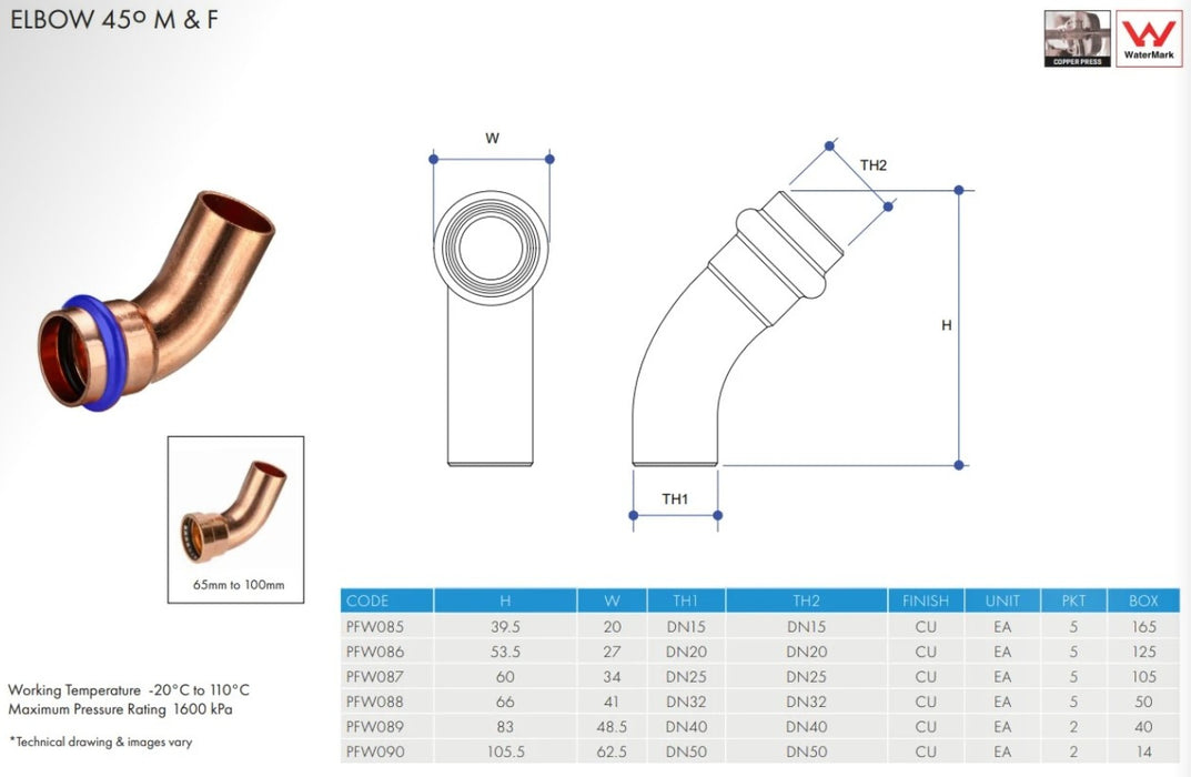 Metpress WaterMarked Series Copper Elbows 45° Male x Female Box of 10