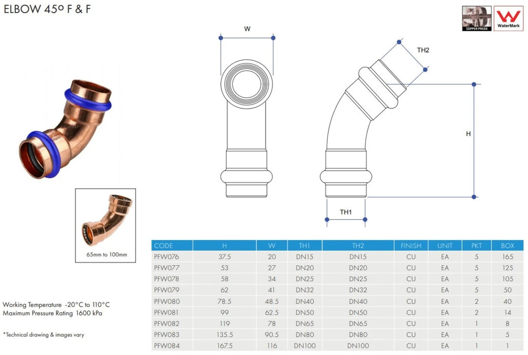 Metpress WaterMarked Series Copper Elbows 45° Female x Female Box of 10