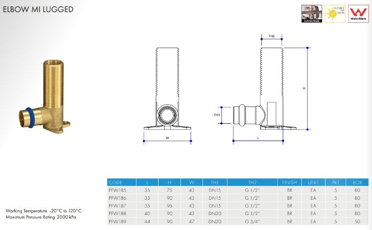 Metpress WaterMarked Series Brass Male Lugged Elbows Box of 10