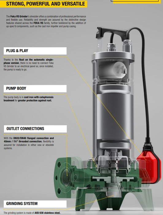 DAB FEKA VS Series Submersible Wastewater Grinder Pumps with Shredder (Max 240LPM/250kPa)