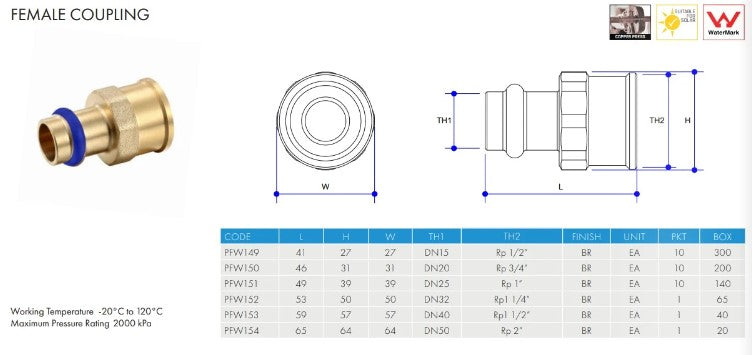 Metpress WaterMarked Series Brass Female Coupling Box of 10