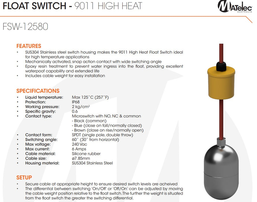 Matelec 9011 Series High Heat SRB Stainless Steel Float Switches for Hot Liquid Level Control
