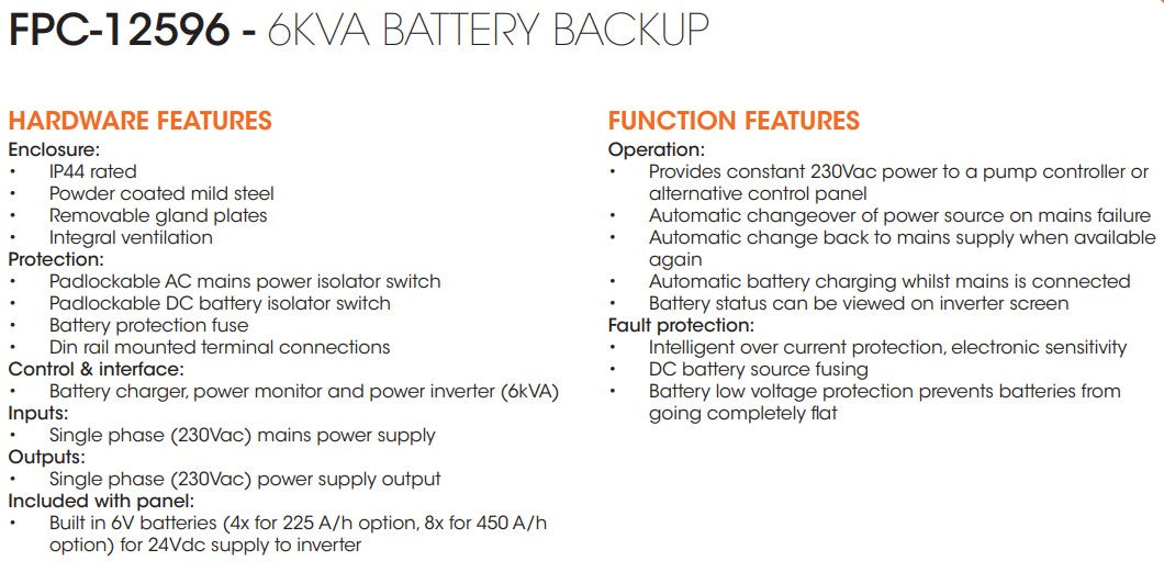 Matelec 6kVA Battery Back-Up Power System with Inverter for Pump and Control Panels with IP44 Steel Enclosure
