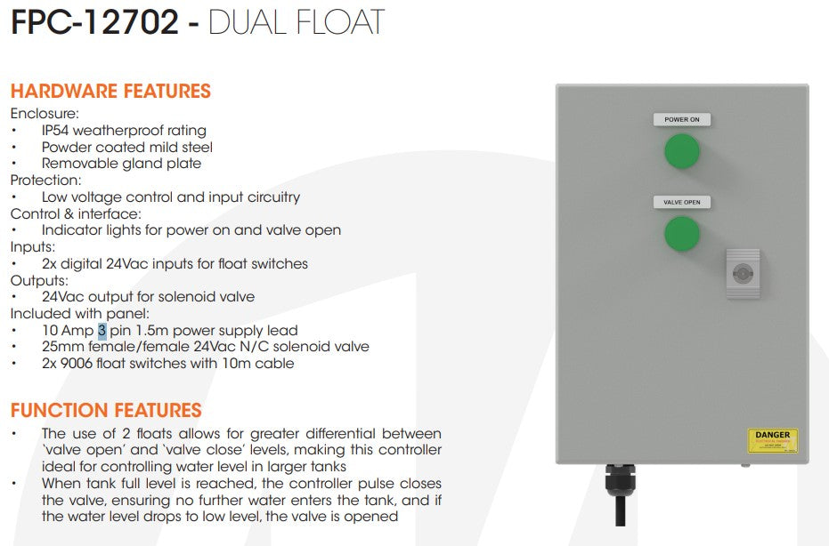 Matelec FPC-12702 Deluxe Dual-Float Tank Fill Valve Shut-Off Controller with 25mm Valve & Float Switches with IP54 Enclosure