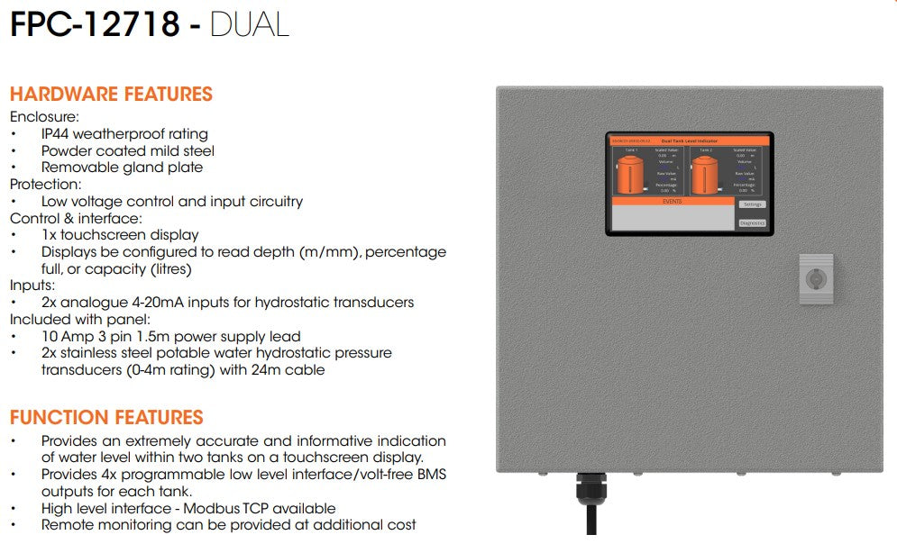 Matelec FPC-12718 Advanced Dual Tank Level Indicator with Touchscreen HMI with IP54 Enclosure