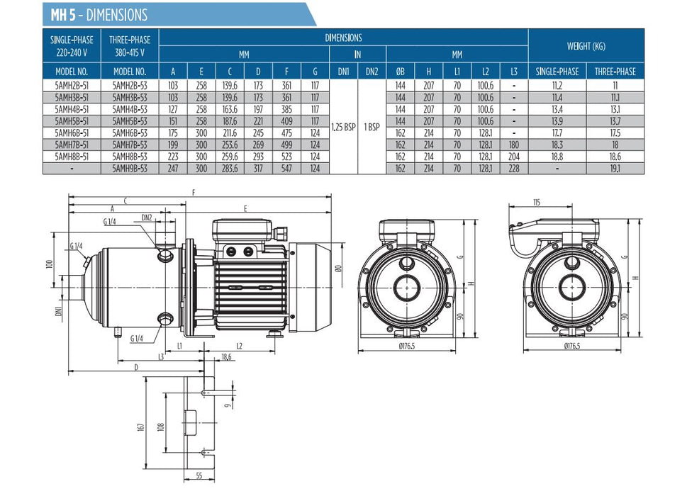 Franklin Electric 5AMH Series Horizontal Multistage Pressure Pump with Pressure Switch & Tank (Max 80LPM/540kPa)