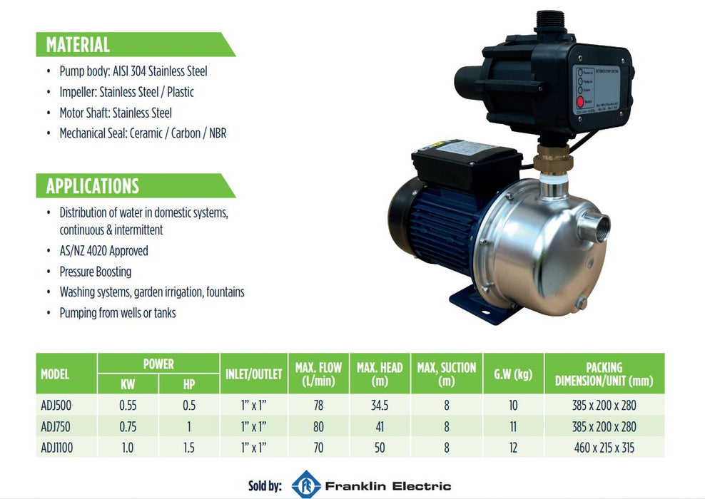 Franklin Electric AquaDuty ADJ1100 1.00kW Self Priming Presssure Jet Pump with Controller (Max 70LPM/500kPa)