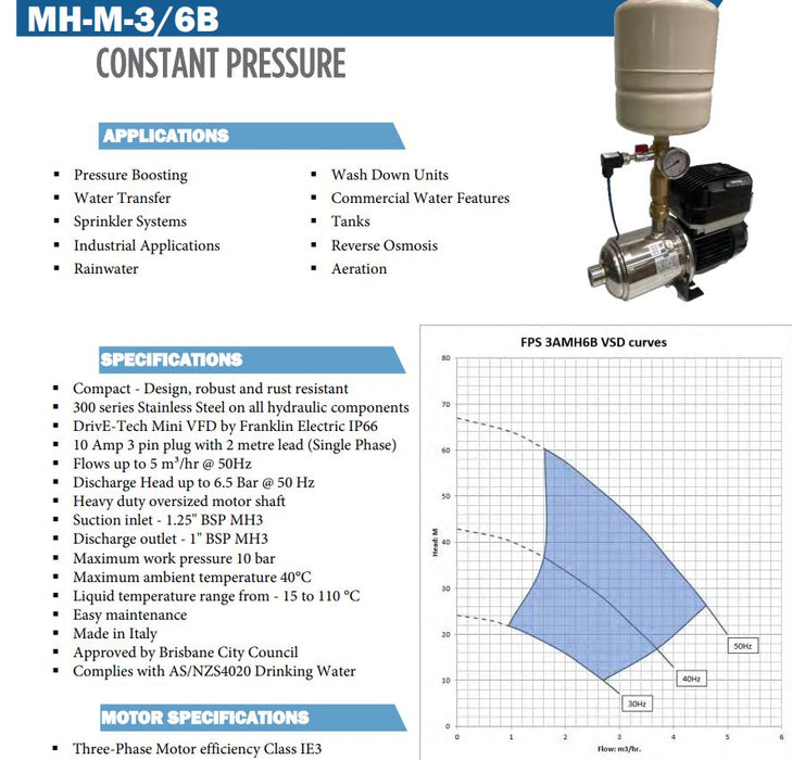 Franklin Electric MH-M Mini 3AMH6B 0.50kW Variable Speed Constant Pressure Pump with 8L Pressure Tank & Smartphone Configuration (Max 80LPM/600kPa)
