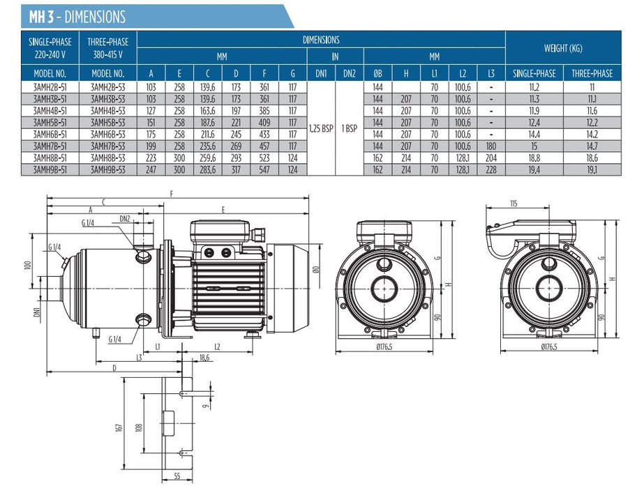 Franklin Electric 3AMH Series Horizontal Multistage Pressure Pump with 1.5 Bar Controller (Max 60LPM/400kPa)