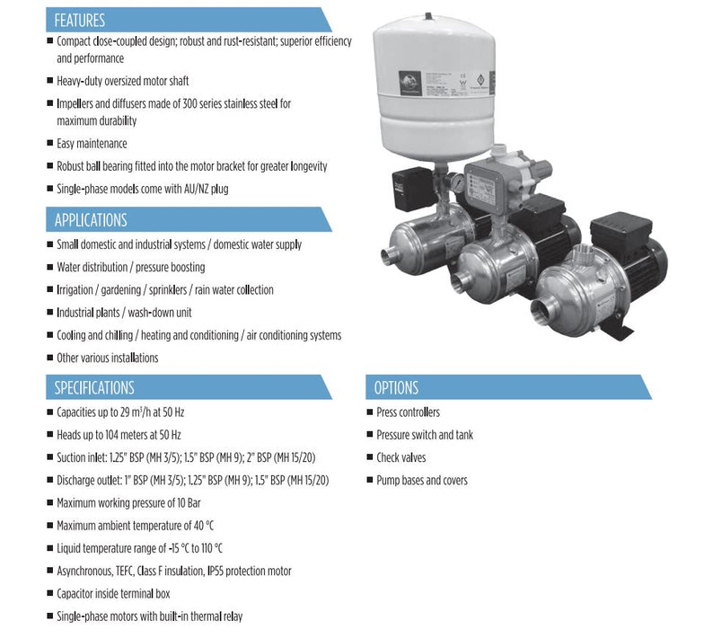 Franklin Electric 5AMH Series Horizontal Multistage Pressure Pump with Pressure Switch & Tank (Max 80LPM/540kPa)
