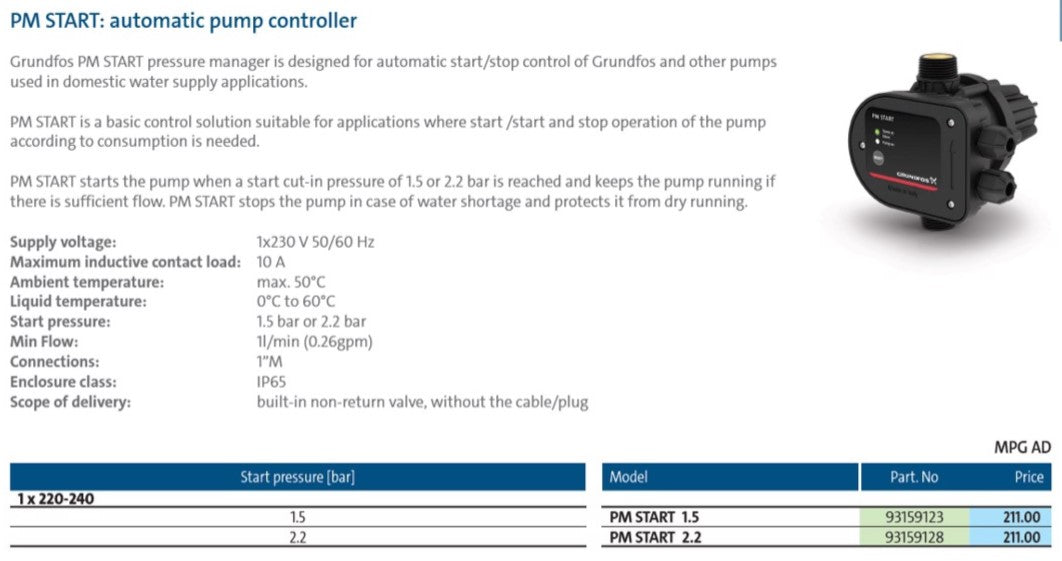 Grundfos PM START Automatic Pressure Controller with Dry-Run Protection (1.5 or 2.2 BAR)