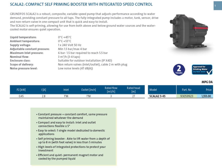 Grundfos SCALA2 3-45A 0.45kW Variable Speed Pressure Pump (Max 60LPM/400kPa)