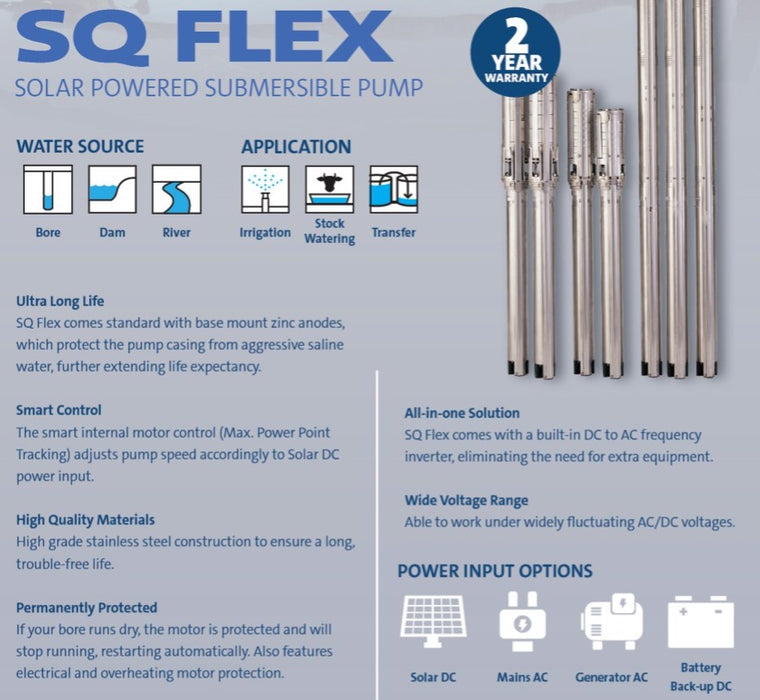 Grundfos SQF 5A-7N 4" Submersible Solar Centrifugal Bore Pump for Shallow Head/High Flow Kit Complete with Panels (Max 150LPM/500kPa)