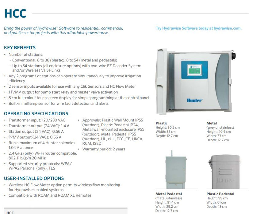 Hunter HCC Hydrawise™ 8 Station Modular WIFI Commercial Irrigation Controller and Modules (Expandable to 54 Stations)