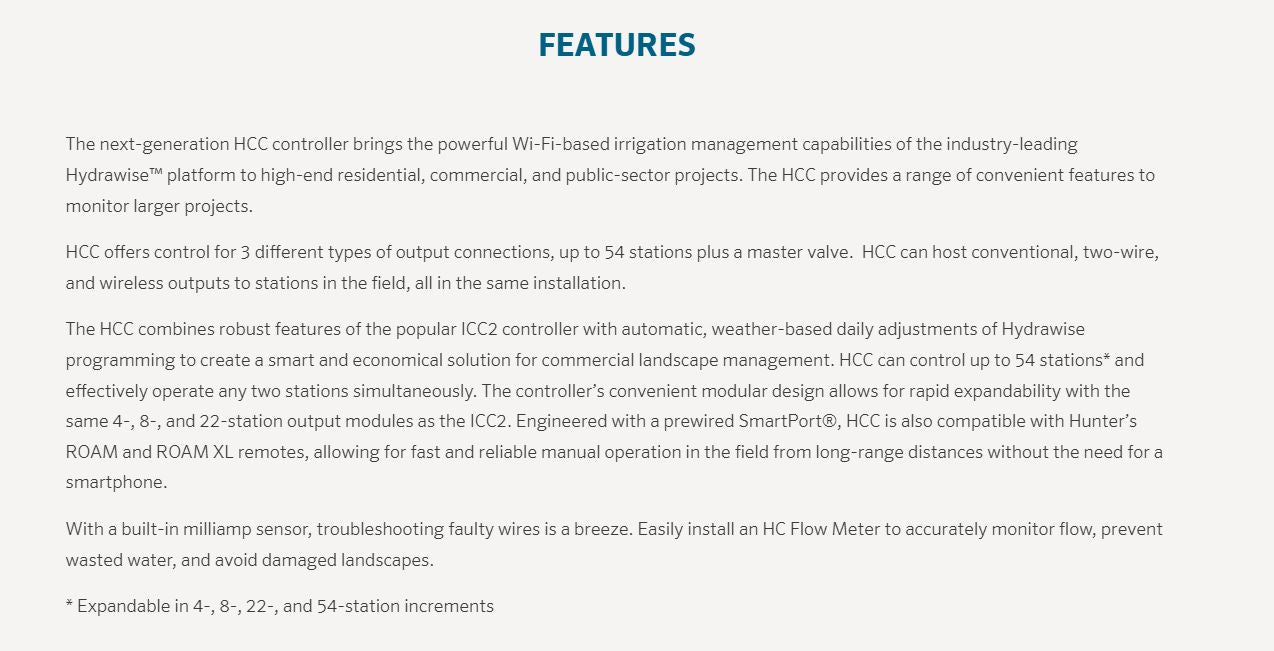 Hunter HCC Hydrawise™ 8 Station Modular WIFI Commercial Irrigation Controller and Modules (Expandable to 54 Stations)