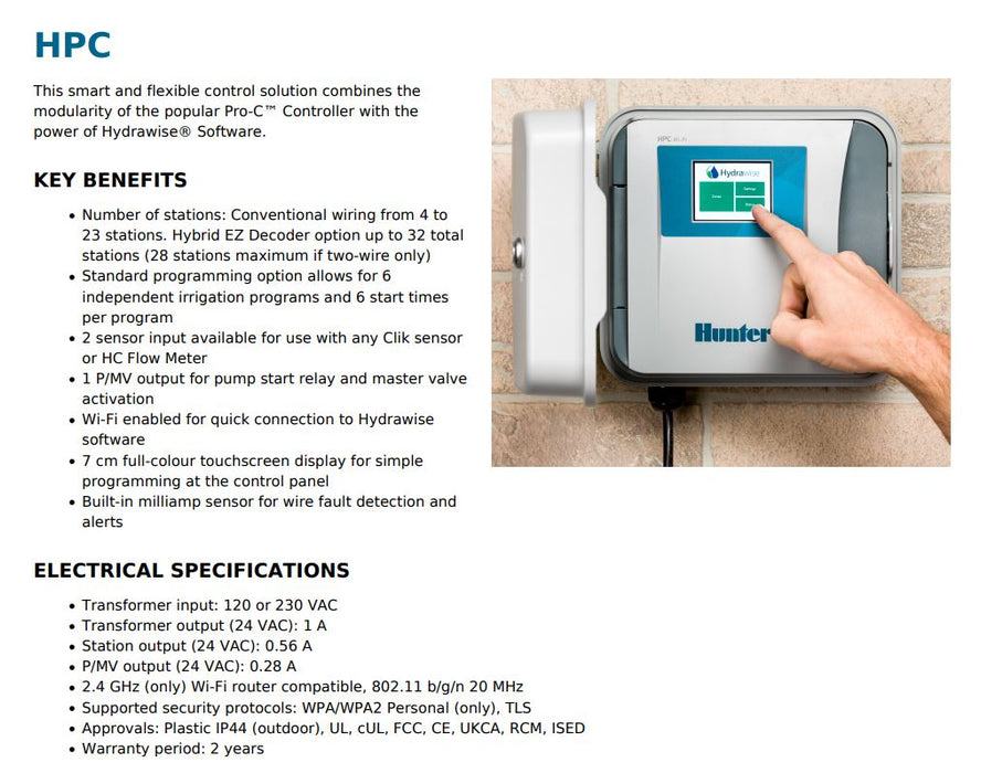 Hunter HPC Hydrawise™ 4 Station Next Generation Modular WIFI Irrigation Controller and Modules (Expandable to 23 Stations)