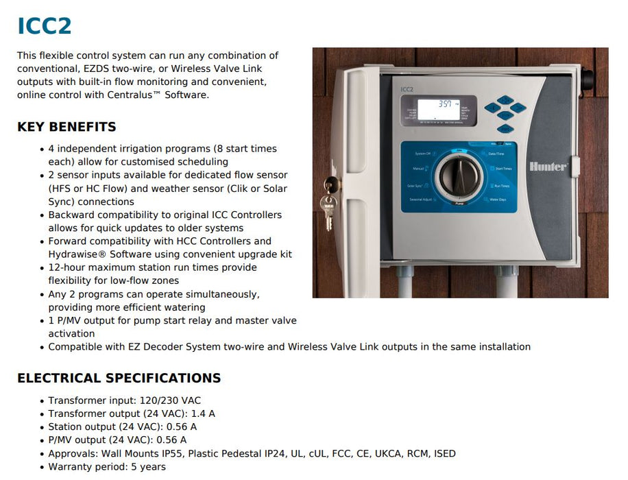 Hunter ICC2 Hydrawise™ 8 Station Modular WIFI Commercial Irrigation Controller and Modules (Expandable to 54 Stations)