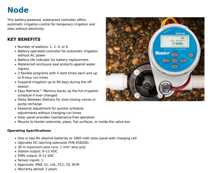 Hunter Node DC Battery Operated Irrigation Controllers with LCD Display