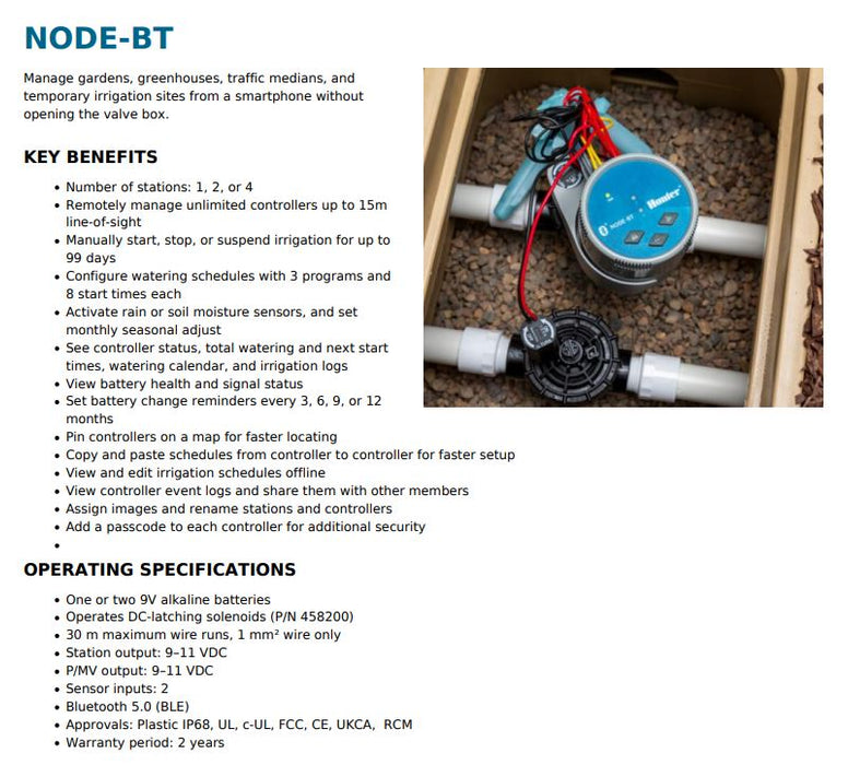 Hunter Node DC Battery Operated Irrigation Controllers with Bluetooth