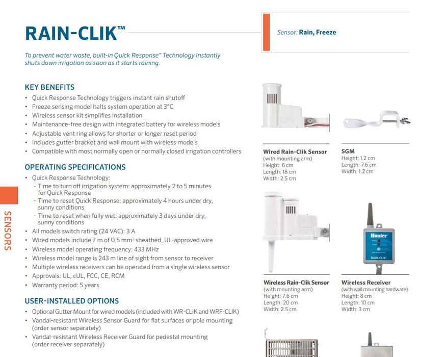 Hunter RAIN-CLIK Wired Quick Response™ Rain Sensor