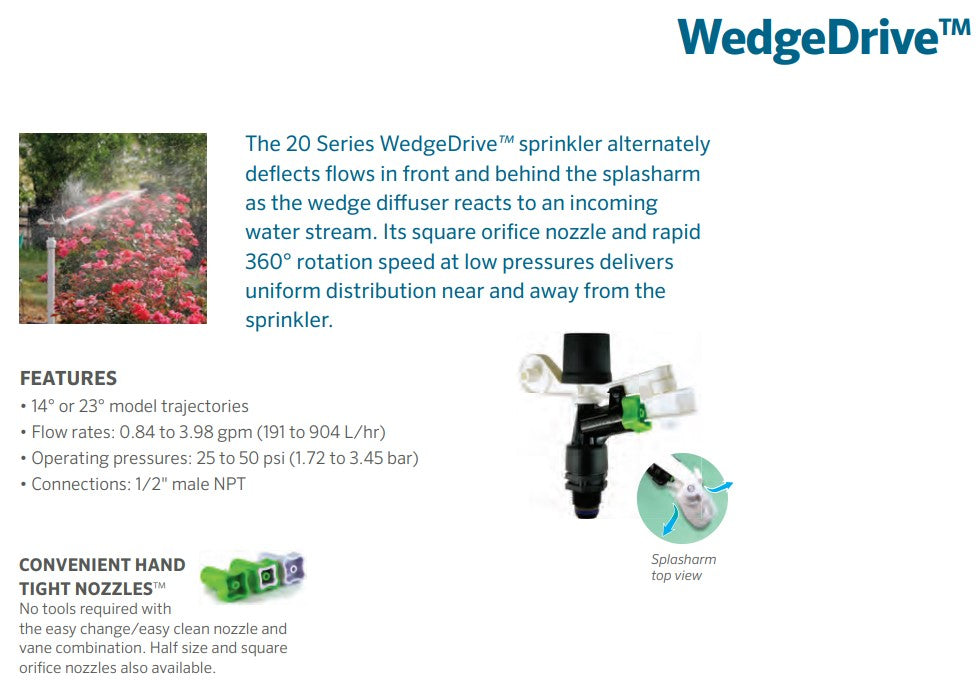 Senninger WedgeDrive 20 Series Full Circle 15mm Male Plastic Impact Sprinklers with Single Nozzles and Splasharm Diffusers