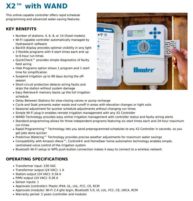 Hunter X2 Hydrawise™ Outdoor Smart Irrigation Controller with Optional WIFI