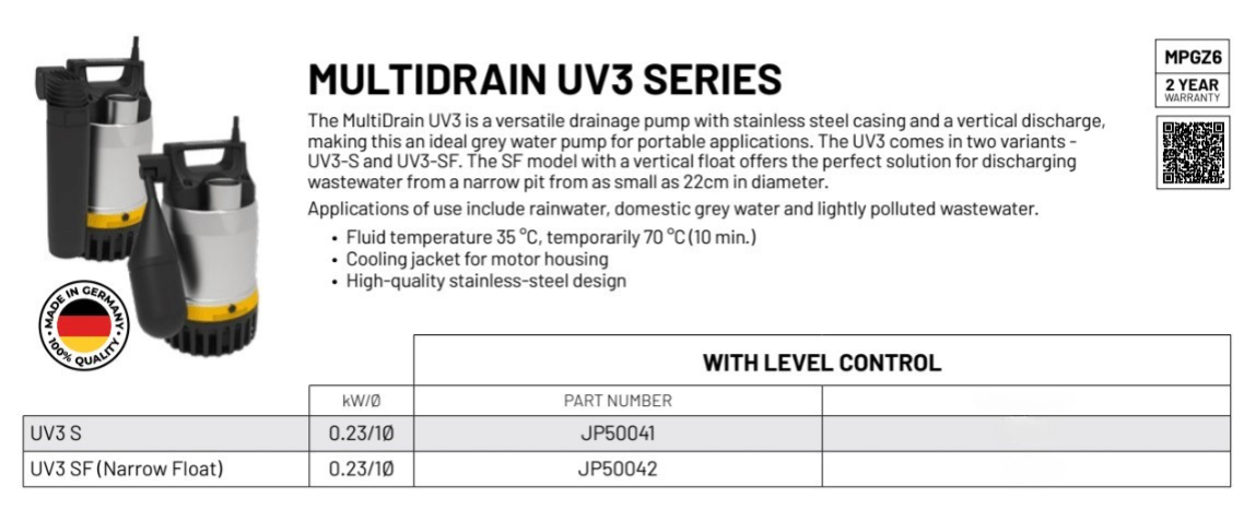 Jung Pumpen Multidrain UV3 SF 0.23kW Stainless Steel Grey Water Drainage Pump with Narrow Float (Max 116LPM/70kPa)