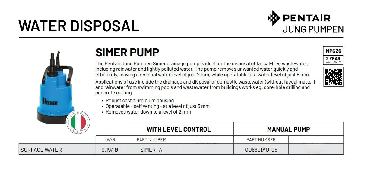 Jung Pumpen SIMER 0.19kW Low Level Drainage Pump for Dirty Water with Level Control (Max 62LPM/60kPa)