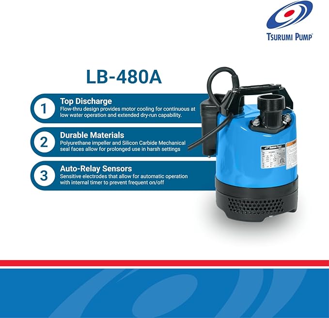 Tsurumi LB-480A 0.48kW Portable Submersible Drainage Pump with Semi-Vortex Impeller and Relay Unit (Max 230LPM/110kPa)