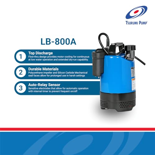 Tsurumi LB-800A 0.75kW Portable Submersible Drainage Pump with Semi-Vortex Impeller and Relay Unit (Max 330LPM/150kPa)