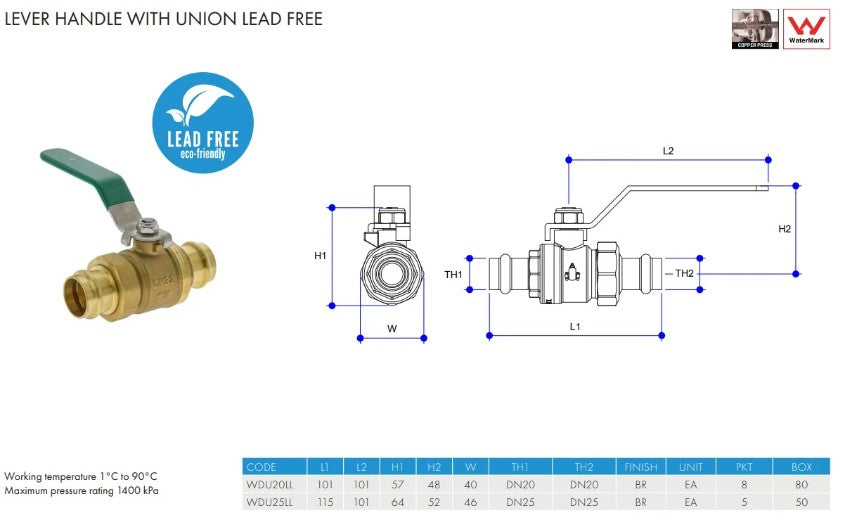 Metpress WaterMarked Press Fit Brass Ball Valve Lever Handle with Union