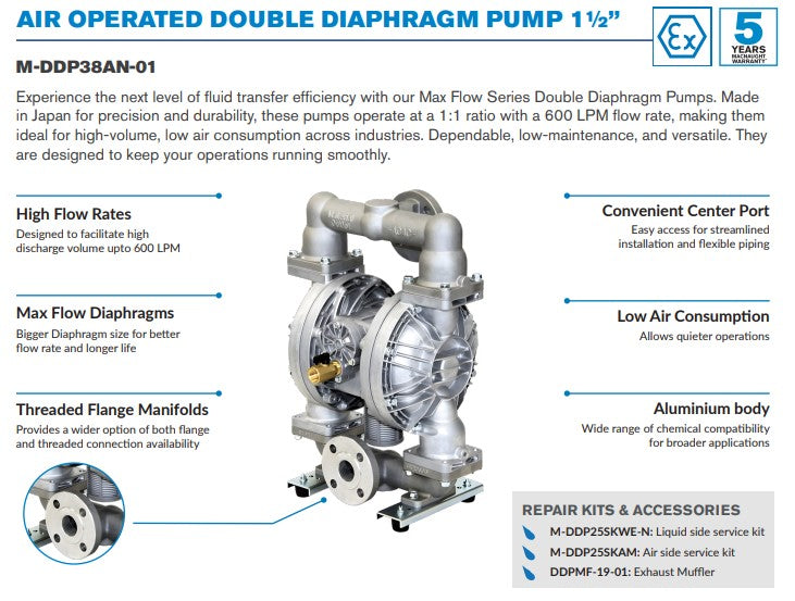 Macnaught DDP38AN 40mm High Flow Air Operated Diaphragm Pump (Max 600LPM)