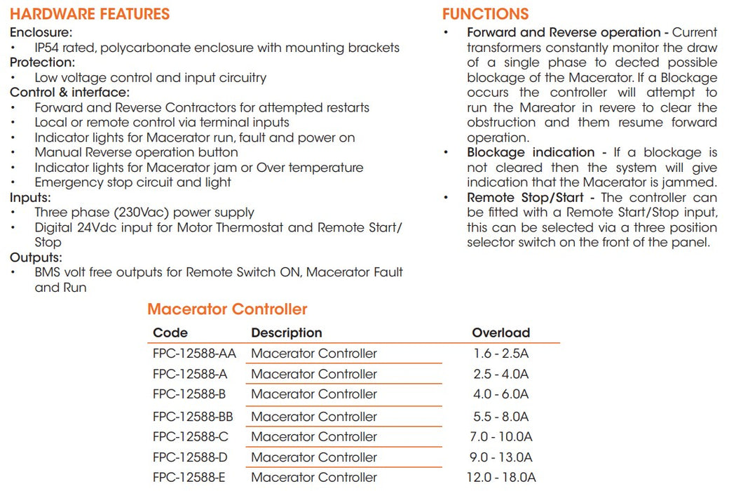 Matelec FPC-12588 Macerator Pump Controller with Reversible Motor Function for Blockage Clearance