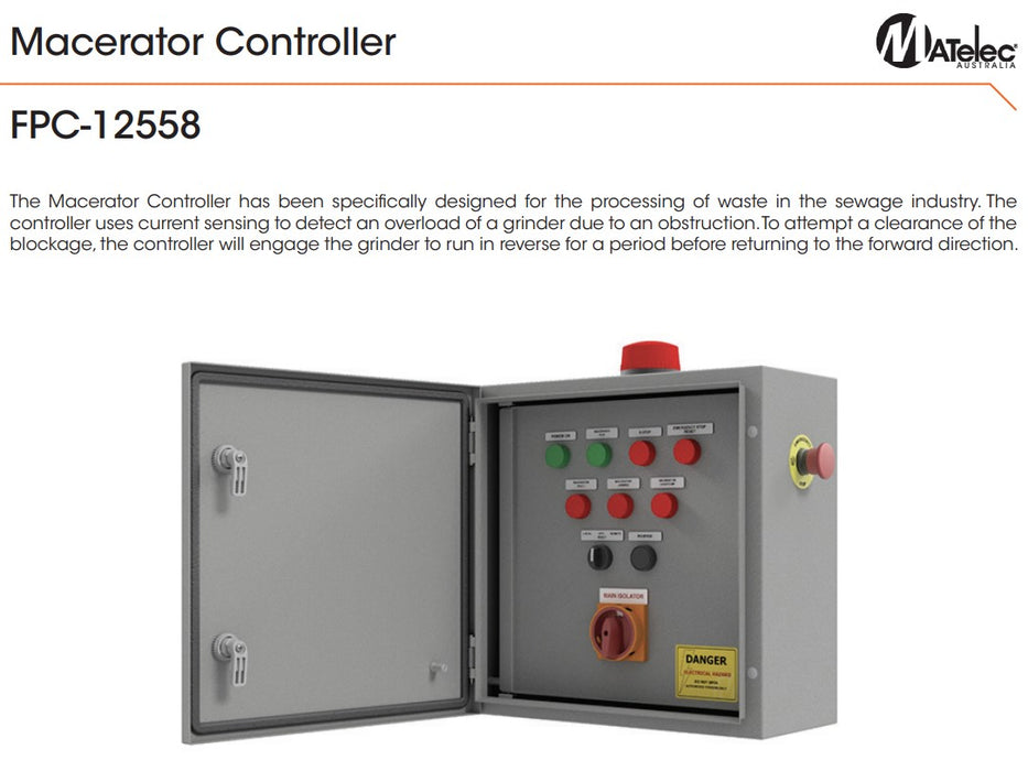 Matelec FPC-12588 Macerator Pump Controller with Reversible Motor Function for Blockage Clearance