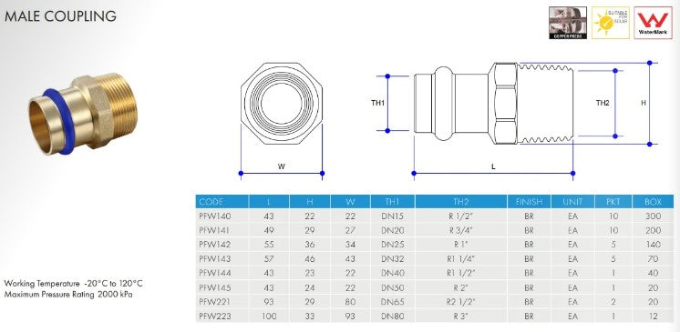 Metpress WaterMarked Series Brass Male Coupling Box of 10