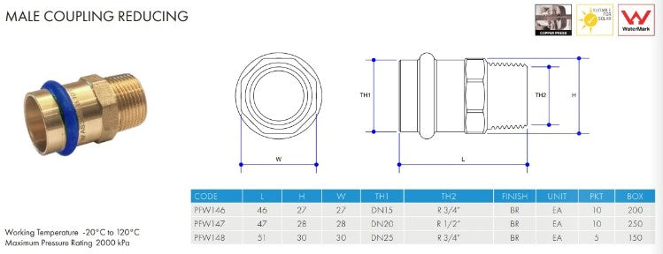 Metpress WaterMarked Series Brass Reducing Male Coupling Box of 10