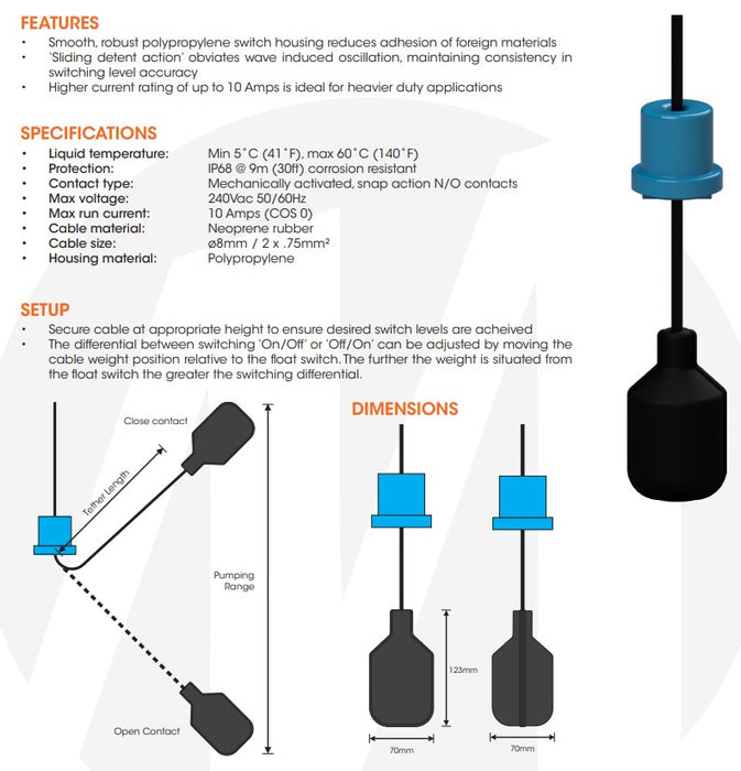 Matelec 9004 Series Oil & Chemical-Resistant NRB Float Switches for Heavy-Duty Liquid Level Control