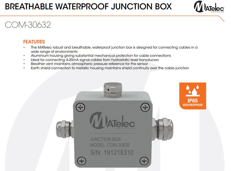 Matelec COM-30632 Breathable Weatherproof Cable Junction Box for 4–20 mA Signal Extension