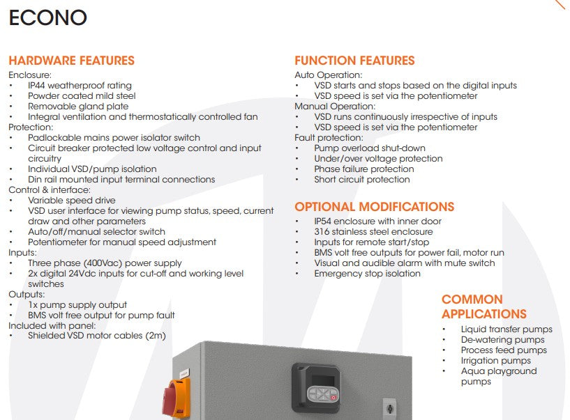 Matelec Standard VSD Motor Controller for Single Pump Applications with IP44 Steel Enclosure