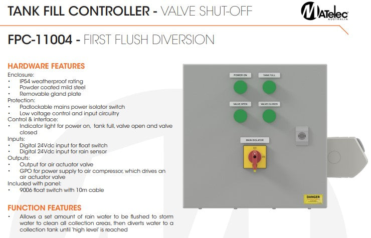 Matelec FPC-11004 First Flush Diversion Valve Shut-Off Controller for Rainwater Management with IP56 Enclosure