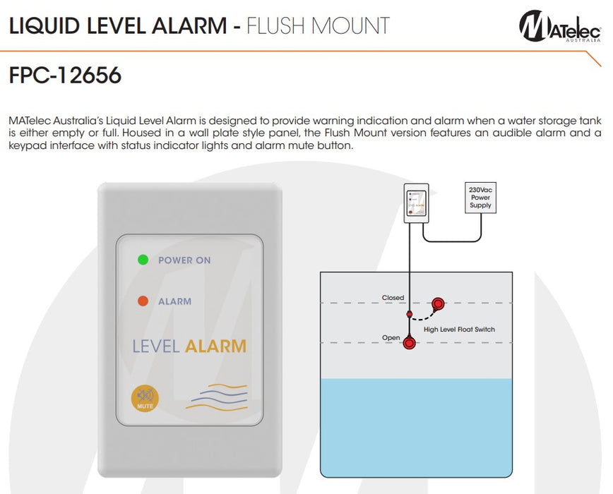 Matelec FPC-12656 Flush Mount Set-Point Level Alarm with Audible Buzzer & LED Indicators