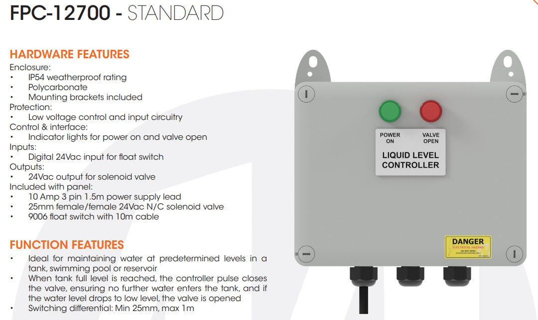 Matelec FPC-12700 Standard Tank Fill Valve Shut-Off Controller with Float Switch & 25mm Valve